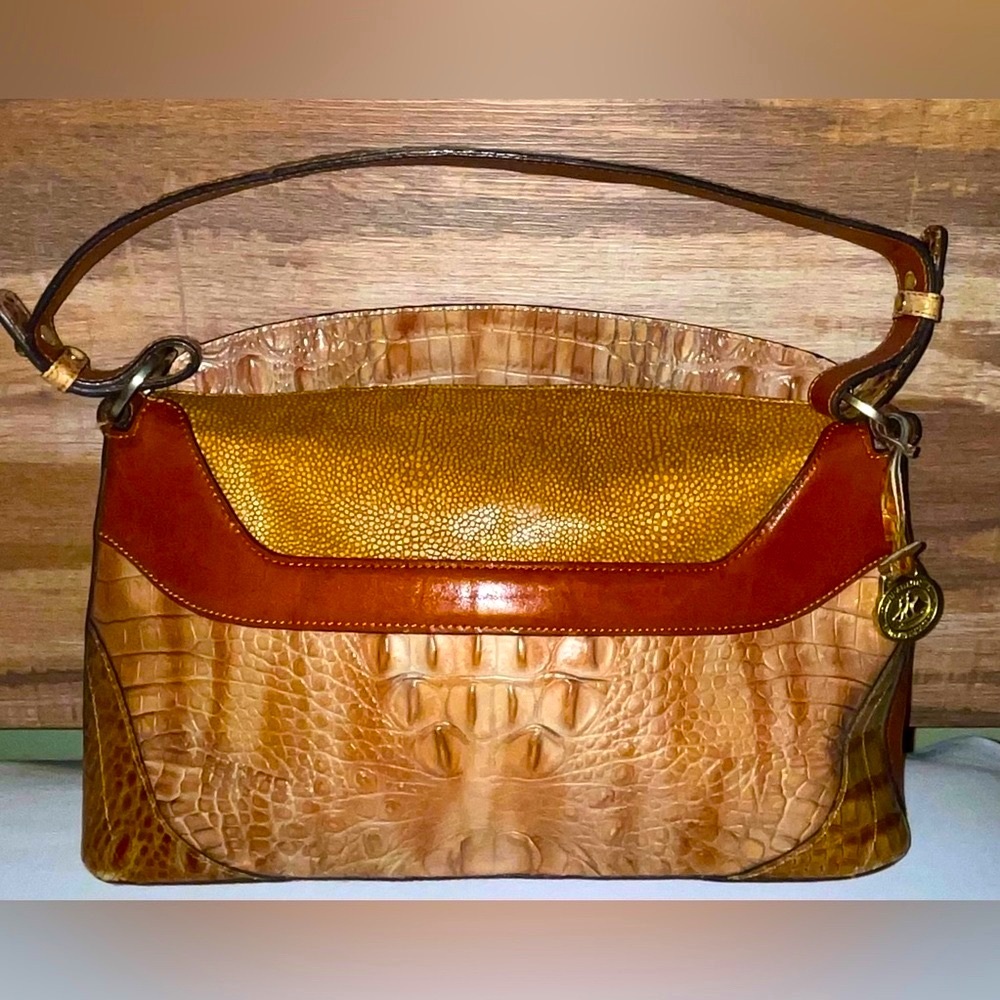 Brahmin Croc Embossed Tan Brown Leather Shoulder bag VGC - Picture 2 of 11